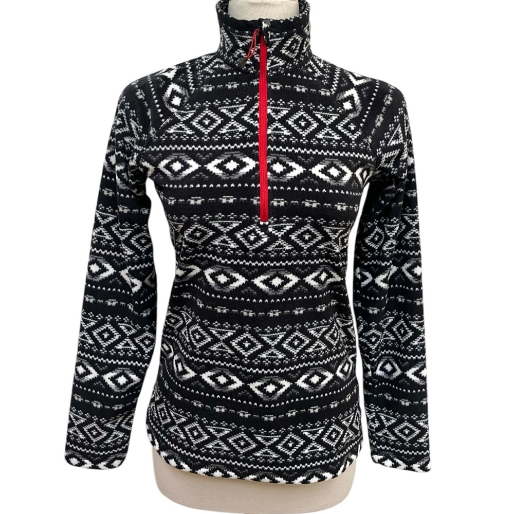Eddie Bauer Black and White Printed Fleece Pullover Red Zipper Women's Size XS